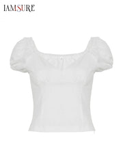 Cyflymder French Style Slim Solid Blouse Holiday Casual Deep V-Neck Short Puff Sleeve Shirts Women 2025 Summer Fashion Streetwear