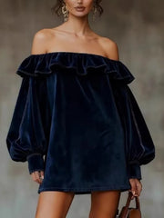Cyflymder Elegant Off Shoulder Velvet Dress Woman Sexy Elegant Temperament Slim Dress Vintage Long Sleeve Spring Autumn Mini Dress 2026