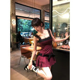 Cyflymder 2025 New Temperament Red Plaid Dress Summer Fashion Niche Design Sense Lace Camisole Pleated Women Dresses Trend