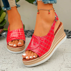 Cyflymder Summer New Buckle Slope Heel Women's Sandals Summer Checkered Pattern Thick Bottom Non slip Beach Shoes