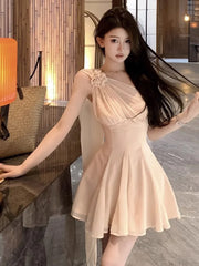 Cyflymder Women Dresses Elegant Sleeveless Chiffon Flowers Ribbon Backless Temperament Summer Fashion Party Mini Dress Ladies