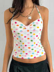 Cyflymder Sweet Dot Printed Halter Tops Sexy Slim Bandage Slash Neck Sleeveless Tank Tops Women 2025 Summer Fashion Streetwear
