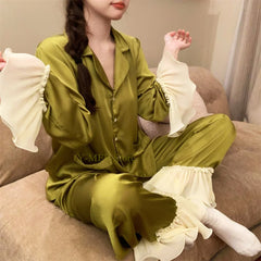 Cyflymder Women Pink Pajamas Set Sweet Lotus Leaf Sleeve Shirt&pants Rayon Homewear Girl Loose Nightwear Pyjamas 2Pcs Outfit Loungewear