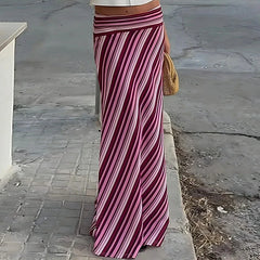 Cyflymder Women Fashion Stripe Print Holiday Skirt Casual Draped Slim Fit Party Skirts Elegant Hight Waist Spring Summer Long Skirts