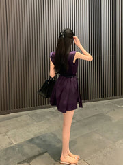 Cyflymder Fashionable Socialite Satin Ribbon V-neck Dress for Women's Summer New Irregular Temperament High Waisted Slim A-line Skirt