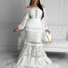Cyflymder Elegant Lace Hollow Out Women Evening Dress Off-Shoulder Long Sleeve Prom Party Long Gown Flower Embroidery Maxi Wedding Dresses