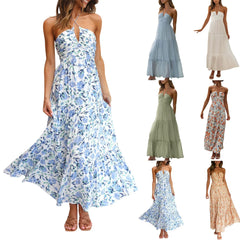 Cyflymder Summer Boho Dresses For Women Halterneck Spaghetti Strap Beach Dress Floral Print Off Shoulder Sleeveless Boho Casual Dresses