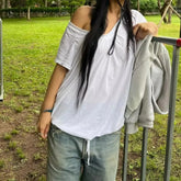 Cyflymder Spicy Girl Slanted Neck Off Shoulder Short Sleeved T-shirt for Women's Summer Versatile Casual Style Top