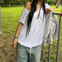 Cyflymder Spicy Girl Slanted Neck Off Shoulder Short Sleeved T-shirt for Women's Summer Versatile Casual Style Top