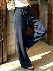 Cyflymder Solid Color Drawstring Long Pants Mid Waist Ankle-length Loose Fit Fashion Straight Casual Trousers Street Daily Outfit