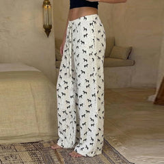 Cyflymder Women's Casual Cartoon Print Elastics Knitted Pants Fashion Straight Leg Full Length Loose Trousers Homewear Bottoms New Summer