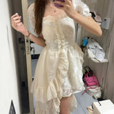 Cyflymder Irregular Dresses Women Sweet Ruffles Square Collar Puff Short Sleeve Princess Spring Summer Elegant Dress Female