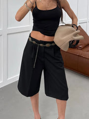 Cyflymder Women Vintage Shorts Summer Casual Loose Belt Splice High Waist Short Pants Street Fashion Office Commute Trousers