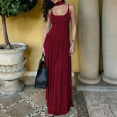 Cyflymder Elegant French Chic Slip Dress Women Sexy Solid Sleeveless Backless Slim Twist Ruched A Line Maxi Dress for Holiday Party