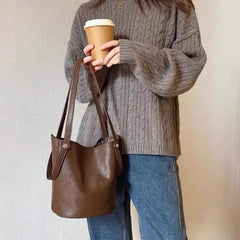 Cyflymder Retro Brown PU Leather Bucket Bags Women Autumn Winter New Large Capacity Underarm Bag Ladies Fashion Versatile Commuter Handbag