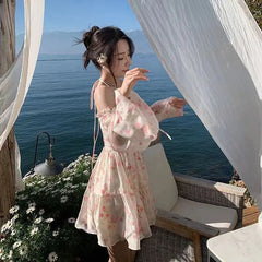 Cyflymder Kawaii Sweet Y2k Mini Dress Woman Long Sleeve Causal Floral Dress Beach Party One Piece Dress Korean Fashion Summer Chic