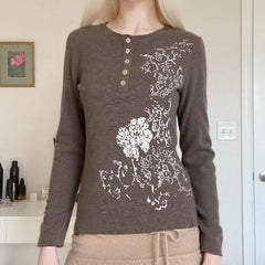 Cyflymder New Elegant Temperament Buttons Half Split Neck Basic Shirts Harajuku Euramerican Vintage Literary Flower Print Clothes