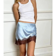 Cyflymder Lace Patchwork Sexy Mini Skirt for Women Elegant Stain Straight Elastic Female Skirt Casual Slim Fashion Streetwear