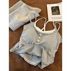 Cyflymder Girls' Simple Style Striped Small Suspenders Pajamas Women's Spring and Summer New Shorts Loose Loungewear Can Be Worn Outside