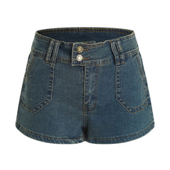 Cyflymder Women's High Waist Denim Shorts Double Button Vintage Blue Jean Shorts With Pockets Slim Fit Casual Hot Pants Summer Streetwear