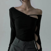 Cyflymder Sexy Tops Women American Style Hollow Out Off Shoulder Long Sleeve T-Shirt Slim Fit Bodycon Y2K Tie Detail Casual Streetwear