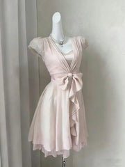 Cyflymder Short Sleeve Waist Bow Dress Pink Short Fairy Dress