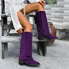 Cyflymder Purple Chunk Flock Square Heel Boots Women Knee High Pointer Toe Heels Shoes Woman Trend Chelsea Boots Mujer Gladiator Botas