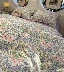 Cyflymder Fresh green flower bedding set,twin full queen king sweet purple pink floral cotton home textile sheet pillow case quilt cover