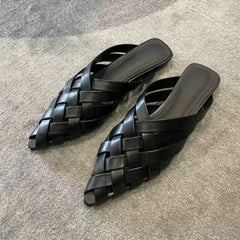 Cyflymder Women Slippers Summer Outside Baotou Pointed Half Slippers for Women's Muller Flat Bottomed Woven Hollow Sandals Chanclas Mujer