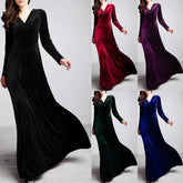 Cyflymder Elegant Velvet Solid Color Vintage Sexy Long Sleeve Deep V-neck High Waist Prom Dresses Goth Party Club Dress