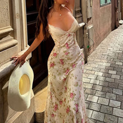 Cyflymder French Sexy Lace Satin Dress Women Sleeveless V-neck Spaghetti Strap Party Dresses Summer Vacation Boho Party Vestidos