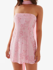 Cyflymder Summer Women Sequin Strapless Mini Dress with Scarf Y2K Rhinestone Sleeveless Off Shoulder Dress Sexy Backless Club Party Dress