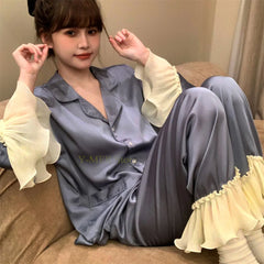 Cyflymder Women Pink Pajamas Set Sweet Lotus Leaf Sleeve Shirt&pants Rayon Homewear Girl Loose Nightwear Pyjamas 2Pcs Outfit Loungewear