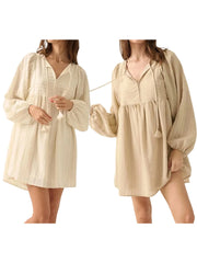 Cyflymder Women s Long Sleeve V Neck Nightgown Babydoll Sleepwear with Stripes Print Mini Sleep Dress Nighty for a Cozy Night s Rest