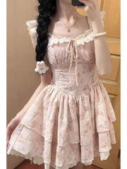 Cyflymder Floral Print Princess Skirt Dress Women Summer New Style Fairy Tale Puffy Sleeve Short Waist Cinched Dresses Female Clothing