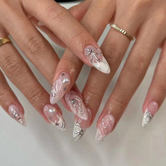 Cyflymder Sweet Pink French Nail Art 3D Bowknot Butterfly Pearl False Nails Fashion Detachable Finished Fake Nails Press on Nail with Glue