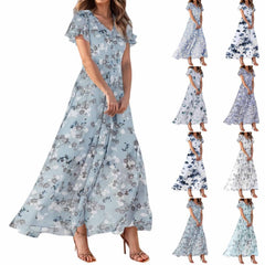 Cyflymder Summer Beach Style Women'sFloral Dresses Casual Short Sleeve Maxi Long Shirts Floral Maxi Dresses Wedding Guest Flowing Dresses