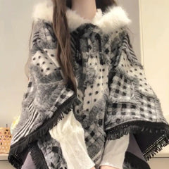 Cyflymder Vintage Elegant Lolita Style Plush Hooded Cloak Women Sweet Black White Plaid Tassel Shawl Japanese Thicken Warm Ponchos Coats