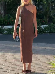 Cyflymder Women's Summer Elegant Sleeveless Dress Solid Scarf Collar Backless Decoration Female Fashion Asymmetric Long Dress