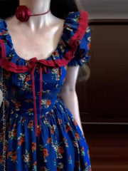 Cyflymder Retro Blue Floral Bubble Sleeve Dress Women's Summer New Holiday Outing Elegant Long Dress High Waist A-Line Cotton Short