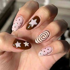 Cyflymder 24pcs Korean Style Fake Nails Pink Brown Spiral Stripes Five-pointed Star Pattern Press On Nails Ins Polka Dot Almond False Nail