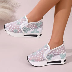 Cyflymder Women'S Sneakers Ladies Fashion Breathable Lace Mesh Flower Embroidery Round Head Thick Bottom Women'S Summer Footwear