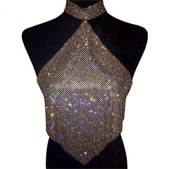 Cyflymder Cross-Border New Summer Women's Metal Rhinestone Tank Top Sexy Spicy Girl Club Crop Top with Nelace Glittering Beads Ladies