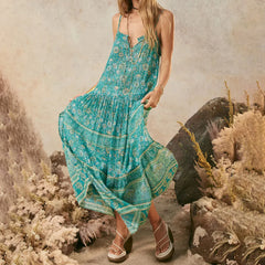 Cyflymder Women Beach Dress y2k Boho Floral Print V Neck Spaghetti Strap Sleeveless Long Flowy Dress Vacation Cocktail Dresses