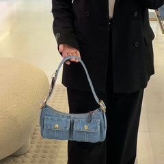 Cyflymder Women Denim Vintage Satchel Bag High Quality Cowboy Shoulder Bag Multi-pocket Designer Handbags Commuting Totes Bag for Ladies