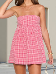 Cyflymder Women s Sleeveless Plaid Mini Dress with Off-Shoulder Bandeau Design Strapless Tube Top Style and Two Convenient Pockets