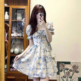 Cyflymder Lazy Style French Style Square Collar Puff Sleeve Floral Dress Women's Summer Holiday Style Tight Waist A- Line Short Skirt