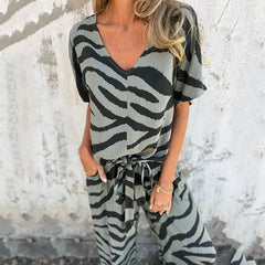 Cyflymder Fashion Zebra Print 2 Piece Sets Women Summer Holiday Beachwear Short Sleeve V-Neck Top with Pockets Wide Leg Pants