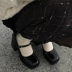 Cyflymder Retro Style Black Round Toe Platform Women Mary Jane Shoes Chunky High Heels Buckle Strap Design Fashion Pumps Shoes