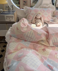 Cyflymder Cute sweet pink blue rabbit bow cake bedding set,twin full queen lovely kawaii cotton home textile sheet pillow case quilt cover